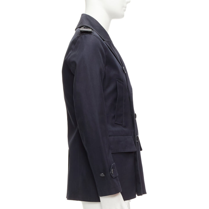 BURBERRY navy cotton wool lined leather epaulet short trench coat IT48 M