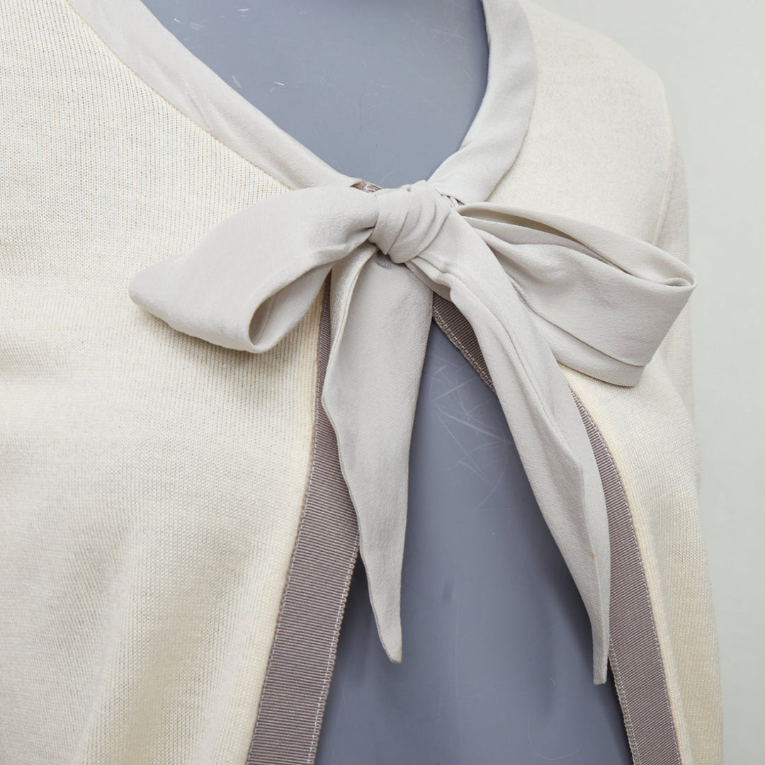 CHRISTIAN DIOR cream grey wool silk cashmere bow tie cardigan FR36 S