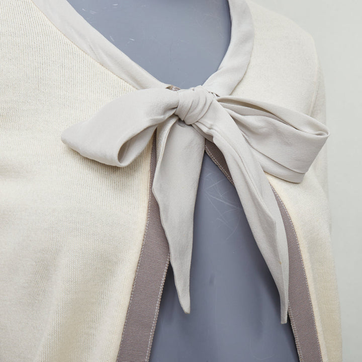 CHRISTIAN DIOR cream grey wool silk cashmere bow tie cardigan FR36 S