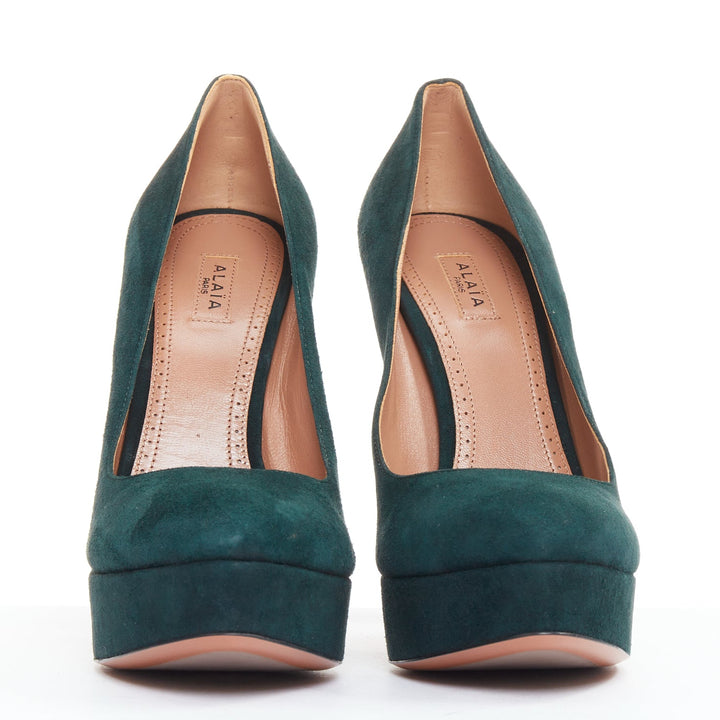 ALAIA forest green suede almond toe platform pumps EU37.5