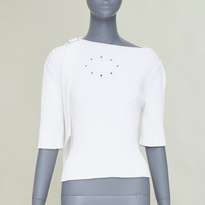 CHANEL white ribbed cotton knit CC logo buckle sash sweater FR36 S