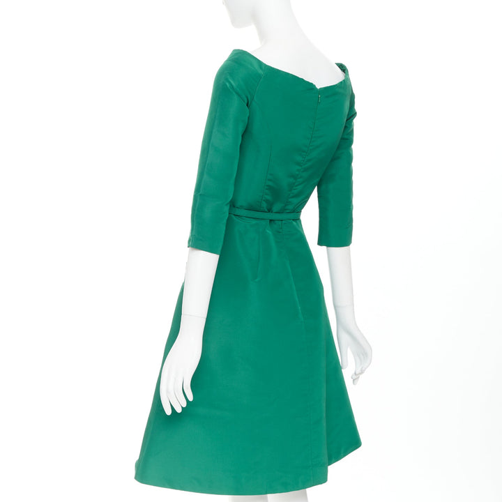 OSCAR DE LA RENTA F17 kelly green  silk taffeta bateau neck belted dress US0 XS