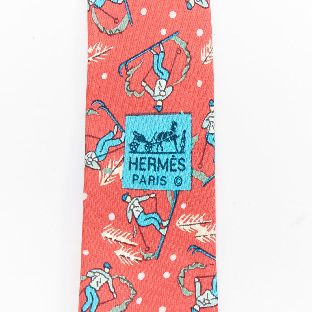 HERMES 7601 SA red blue blue skiier snow fall print silk tie