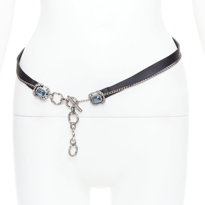 LANVIN Textile blue rhinestone jewel silver chain black fabric belt