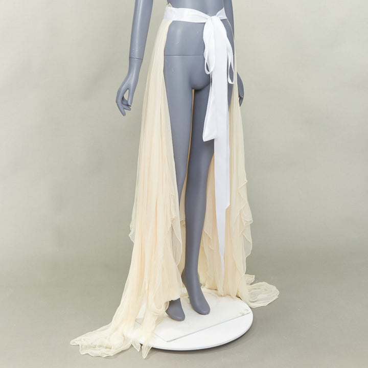 JEAN PAUL KNOTT cream hand-rolled pure chiffon silk white ribbon wrap skirt