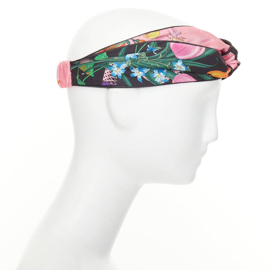 GUCCI 2017 Flora Snake print black silk twisted knot elastic headband turban