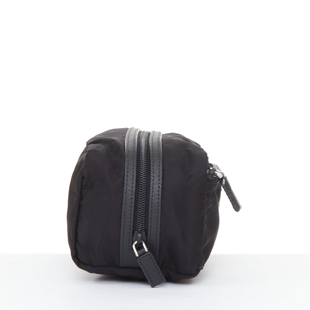 PRADA Re-Nylon saffiano leather  black silver triangle logo travel pouch case