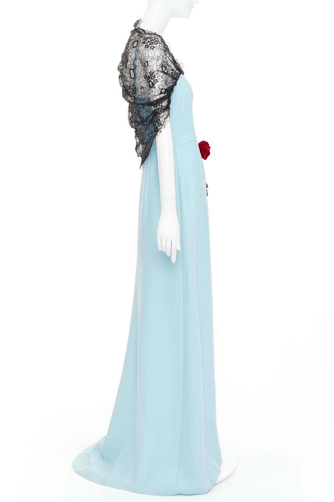 PRADA 2019  light blue black draped lace floral bouquet applique gown IT42 M