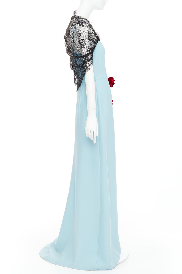 PRADA 2019  light blue black draped lace floral bouquet applique gown IT42 M