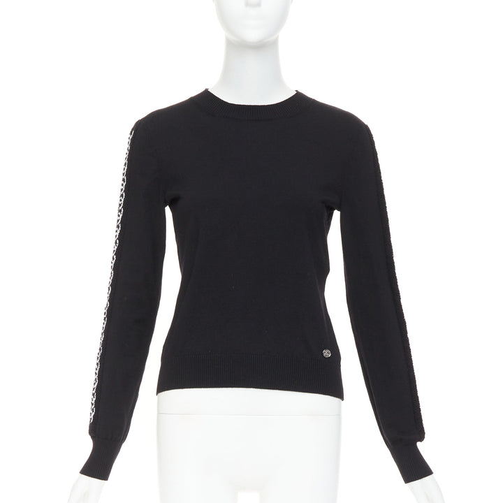 CHANEL 21A black wool sequin CC logo stripe sleeve crewneck pullover FR34 XS