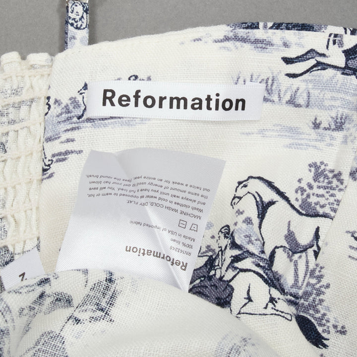REFORMATION Tabatha blue white linen Toile de Jouy print dress US2 S