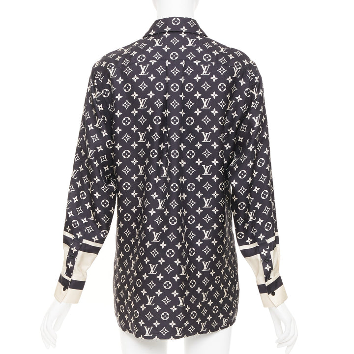 LOUIS VUITTON 2020 stripe accent mixed monogram silk long sleeve shirt FR34 XS