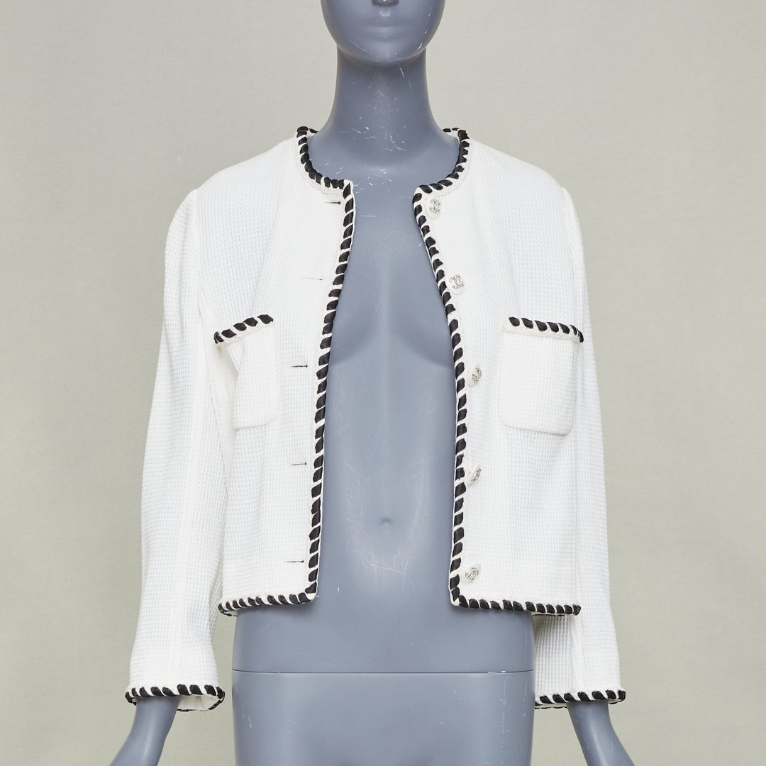 CHANEL 2021 Cruise white twist braid waffle knit crystal button jacket FR34 XX