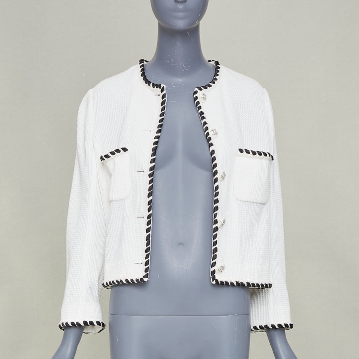CHANEL 2021 Cruise white twist braid waffle knit crystal button jacket FR34 XX