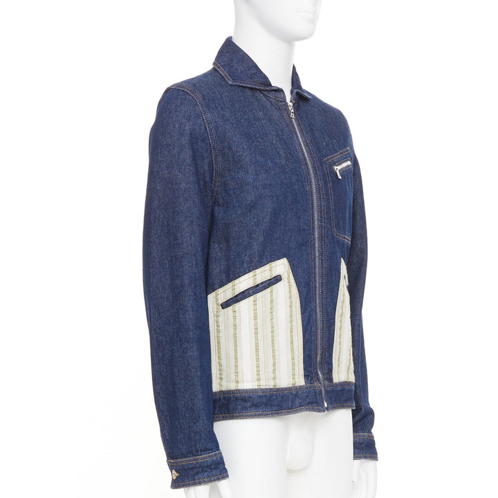 WALES BONNER Miles contrast stripe pocket raw blue multi denim outerwear IT46 S