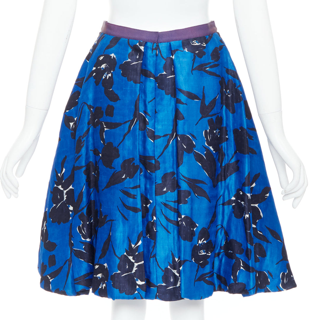 OSCAR DE LA RENTA S07 blue black silk cotton floral print full midi skirt US2 S