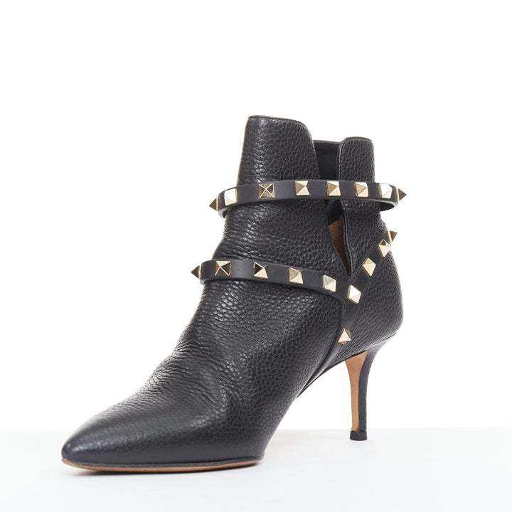VALENTINO black textured calfskin gold buckle studded short ankle boots EU37
