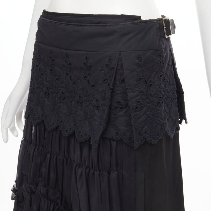 COMME DES GARCONS 2001 black floral embroidery anglais shirred pleated skirt S