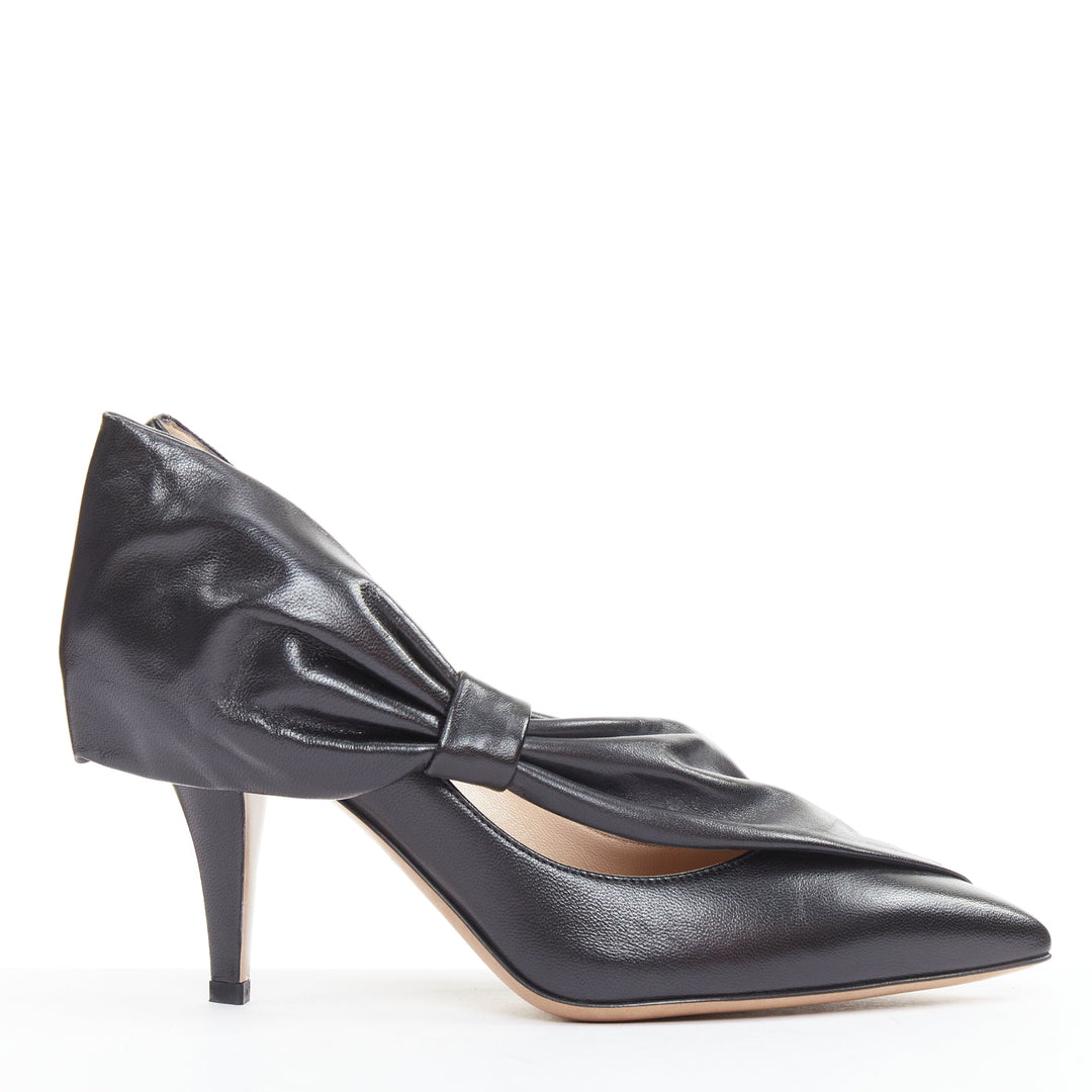 VALENTINO black leather oversized bow point toe kitten pumps EU37