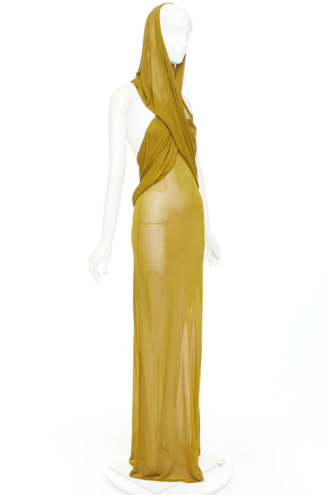 SAINT LAURENT 2023 Runway gold hooded draped maxi sheer dress FR34 XS