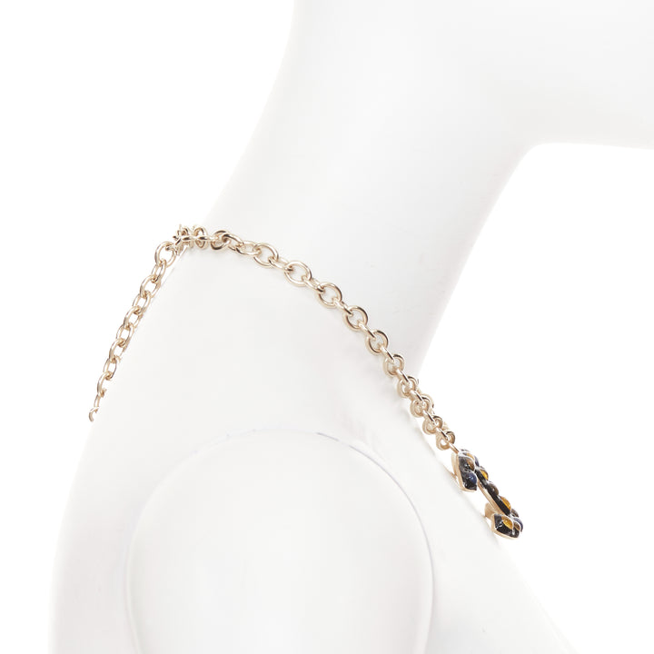 CHANEL B18A black yellow blue glassbead gold hardware CC charm collar necklace