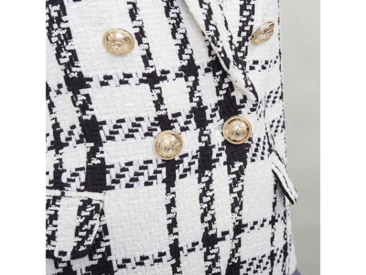 BALMAIN checked black white cotton tweed double breasted blazer jacket FR36 S