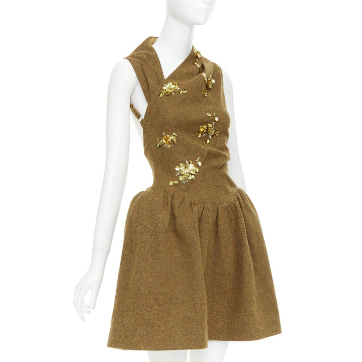 rare SHUSHU TONG Backless brown wool gold sequin fit flare dress UK6 XS