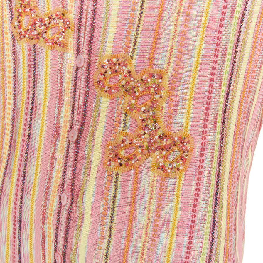 ESCADA vintage pink multi stripe sequin beaded v neck knit cardigan top FR42 XL