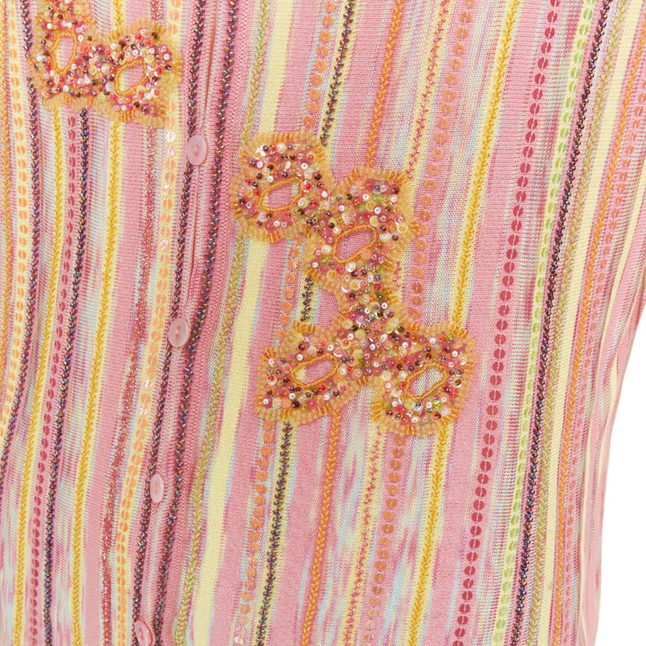 ESCADA vintage pink multi stripe sequin beaded v neck knit cardigan top FR42 XL