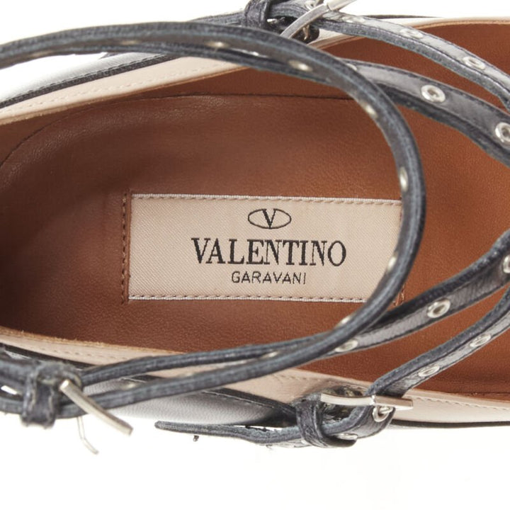 VALENTINO black beige leather silver grommet stud bondage harness pump EU38