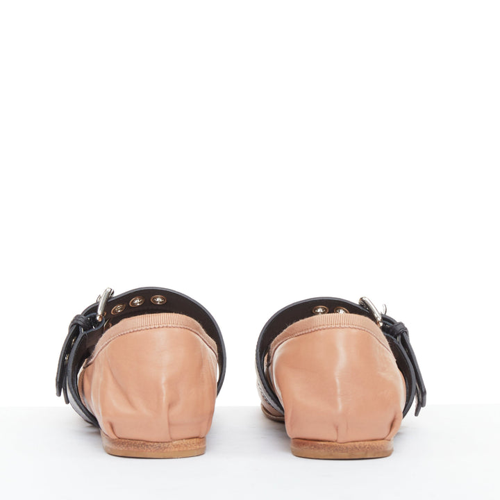 MIU MIU beige leather double black buckle punk strap ballet flats EU37.5