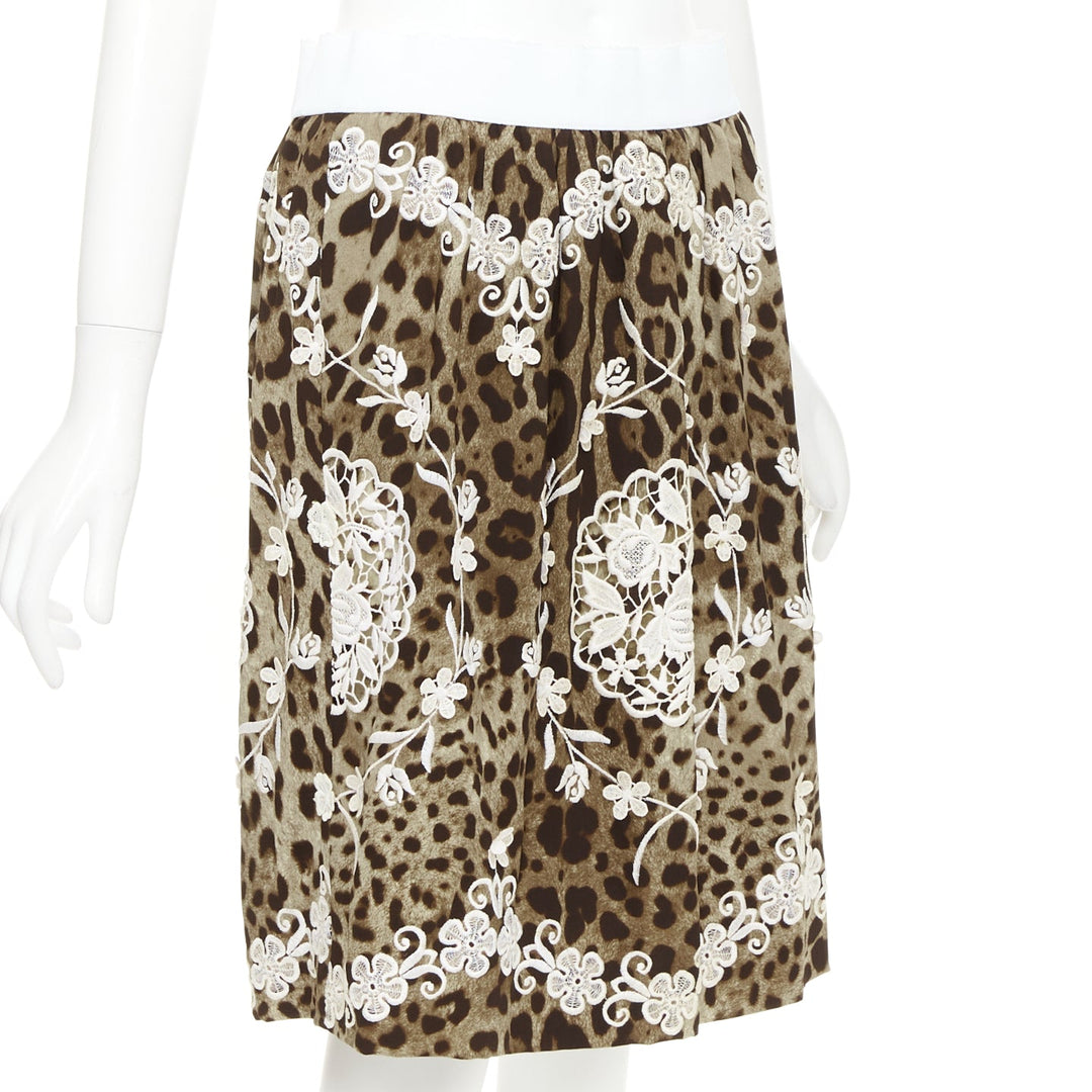 DOLCE GABBANA brown silk leopard print cream anglais embroidery skirt IT40 S