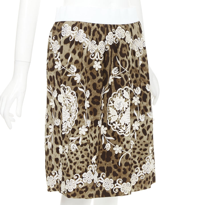 DOLCE GABBANA brown silk leopard print cream anglais embroidery skirt IT40 S