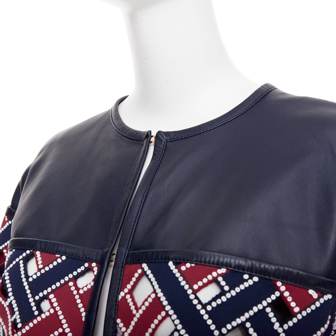 LOUIS VUITTON 2012 Runway navy red sequinned cut out woven leather jacket FR36 S