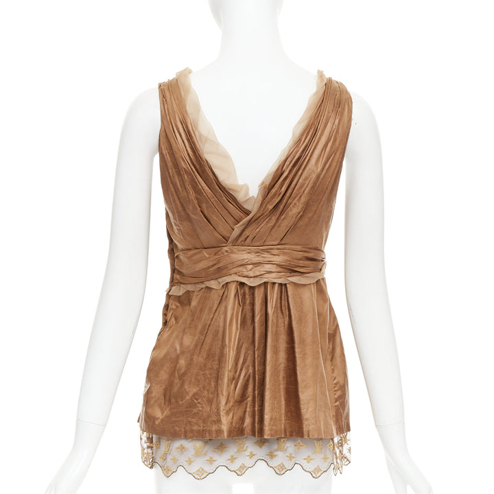 LOUIS VUITTON Marc Jacobs bronze monogram silk lace rosette wrap top FR38 M