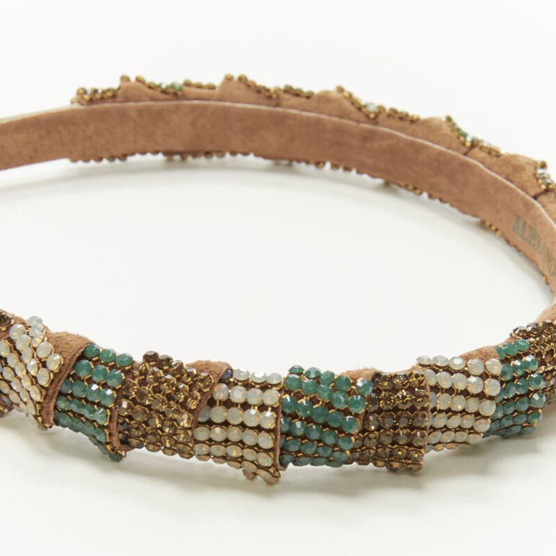 ALEXANDER ZOUARI bronze leather copper white green crystal encrusted headband