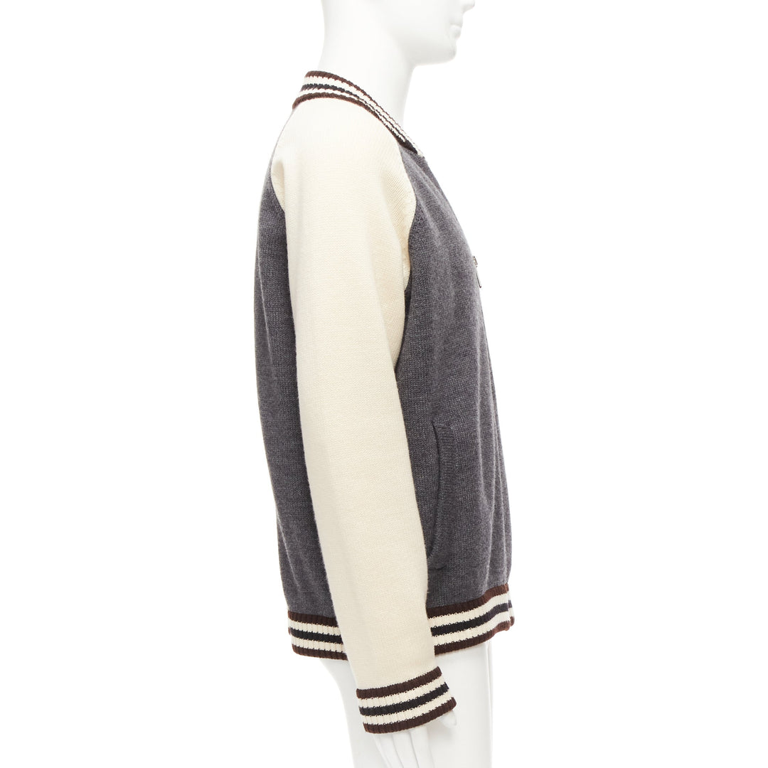 PRADA 2014 100% wool knit cream grey raglan varsity bomber jacket IT50 L