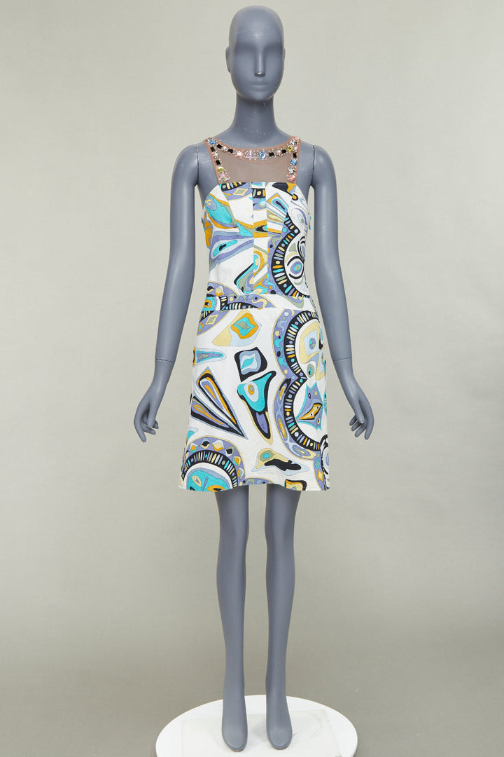 EMILIO PUCCI Vintage crystal rhinestone mesh collar graphic print dress IT40 M