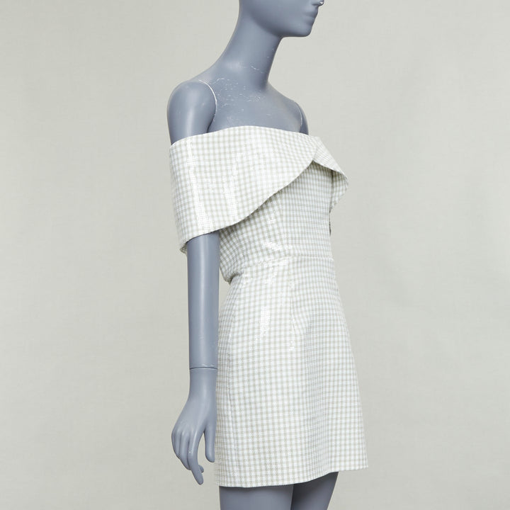 MARKARIAN Runway Regina green white sequin gingham cold shoulder dress US0 XS