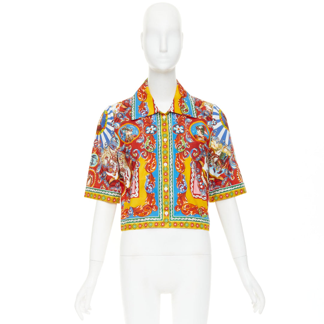 DOLCE GABBANA 2016 Carretto Siciliano cotton rolled sleeves crop shirt IT44 L