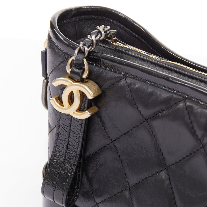 CHANEL Gabrielle Small black aged leather mix metal chain CC crossbody hobo bag