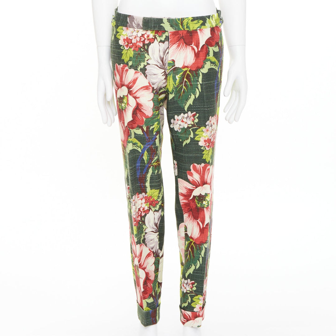 TOM FORD green pink cotton silk floral print slim tailored trousers IT48 M