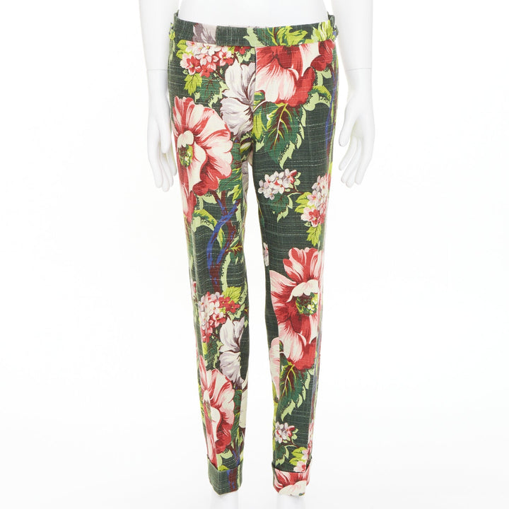 TOM FORD green pink cotton silk floral print slim tailored trousers IT48 M
