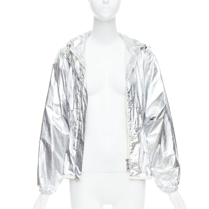MONCLER silver coated cotton ruched waist hooded windbreaker Sz2