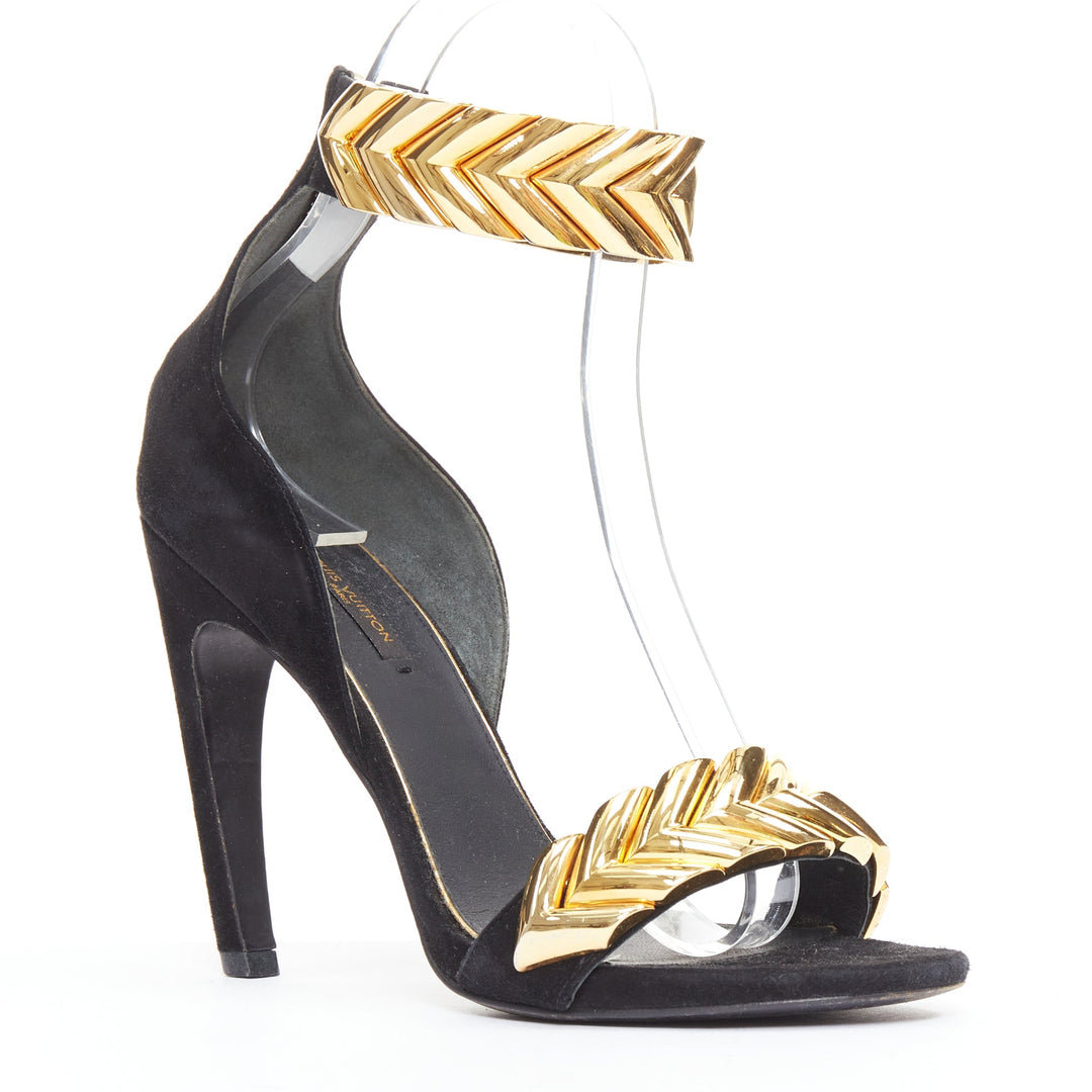 LOUIS VUITTON V Symphony black suede gold hardware high heel sandals EU38
