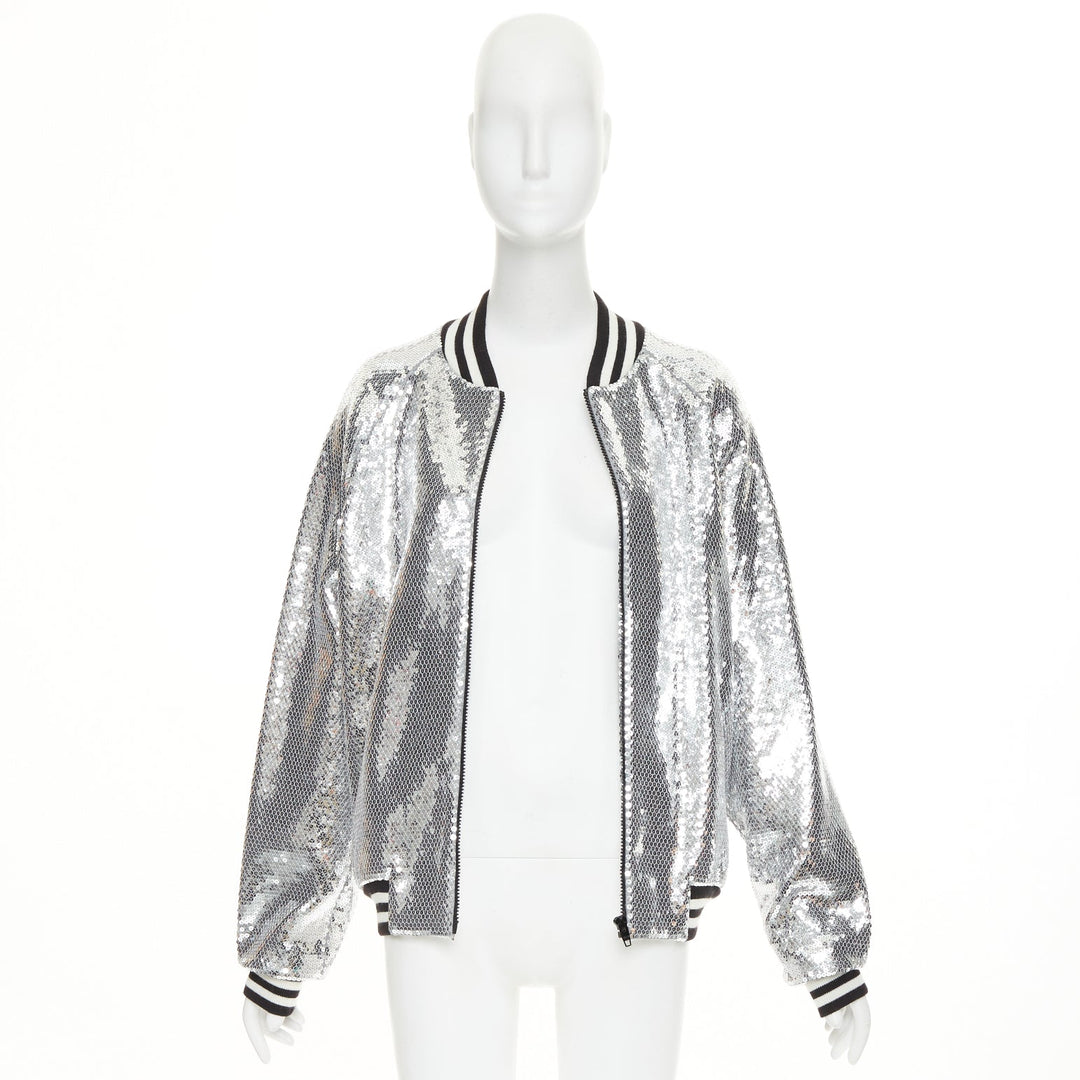 CELINE 2021 Runway silver sequin cotton black white logo teddy bomber jacket XS