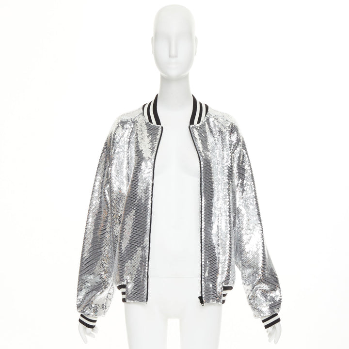 CELINE 2021 Runway silver sequin cotton black white logo teddy bomber jacket XS