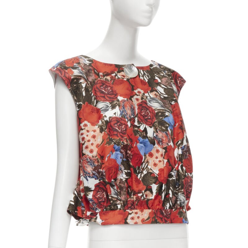MARNI red floral cotton shell button sleeveless boxy bubble vest top IT38 XS