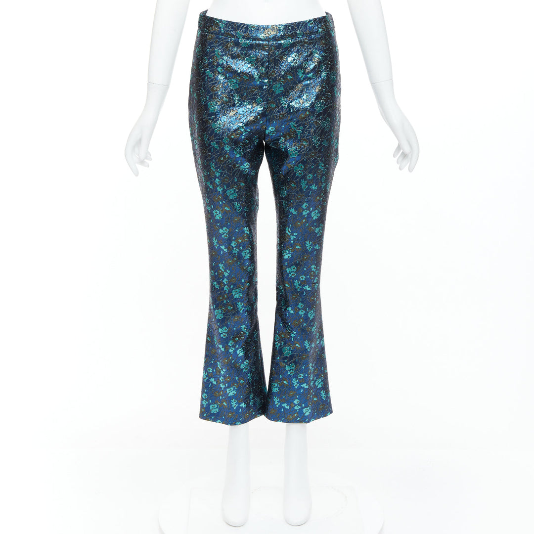 PRADA metallic blue green floral lurex brocade crop pants trousers IT38 XS