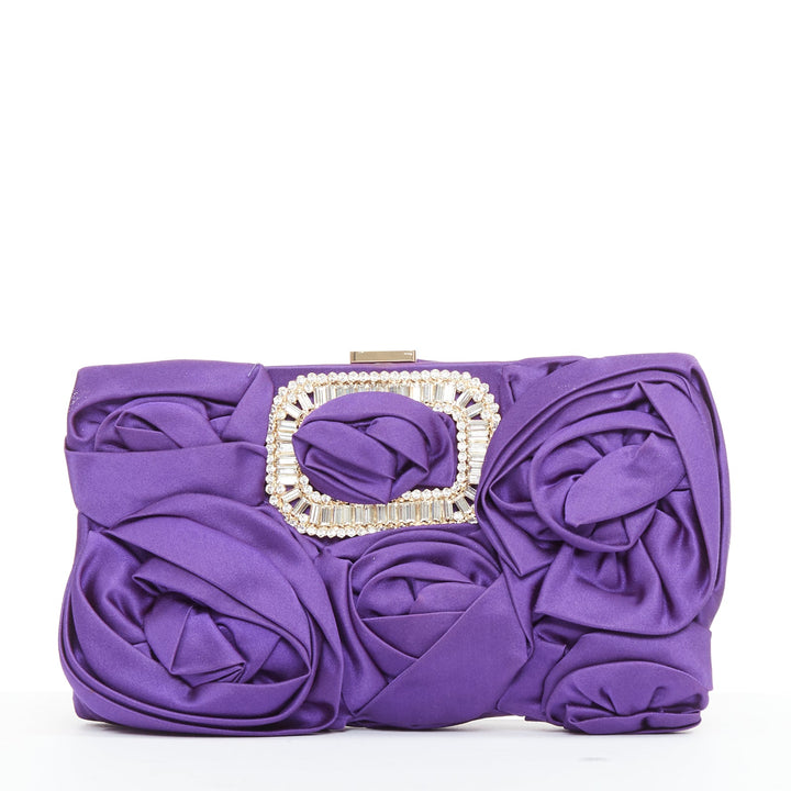 ROGER VIVIER purple satin 3D rose ruffle applique crystal buckle clutch bag